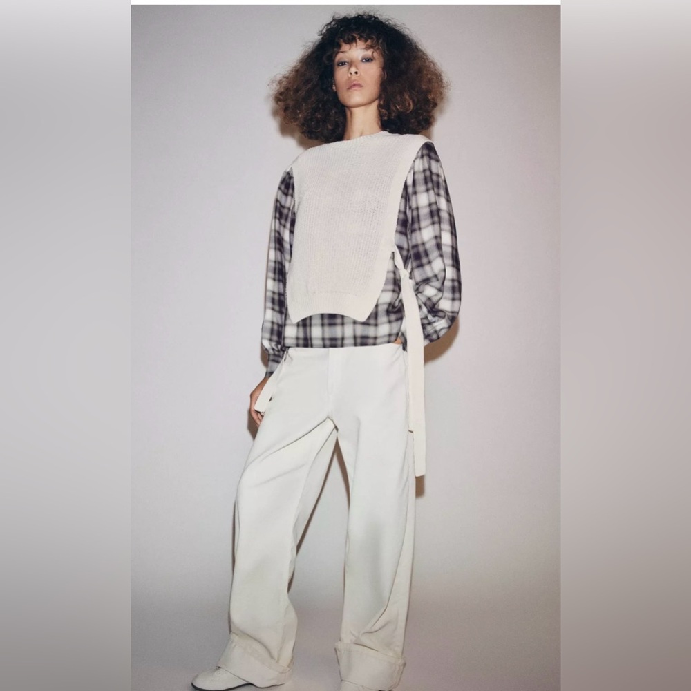 ZARA PLAID VEST COMBINATION SHIRT Cream Overlay Size M